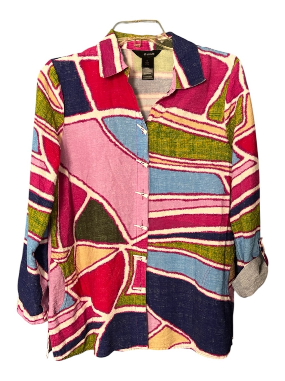 Ali Miles Colorful Shirt Pockets Roll Sleeve Medium Fall